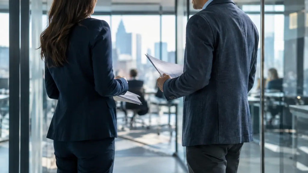 Échange entre un dirigeant et son DRH externalisé dans une entreprise du Rhône