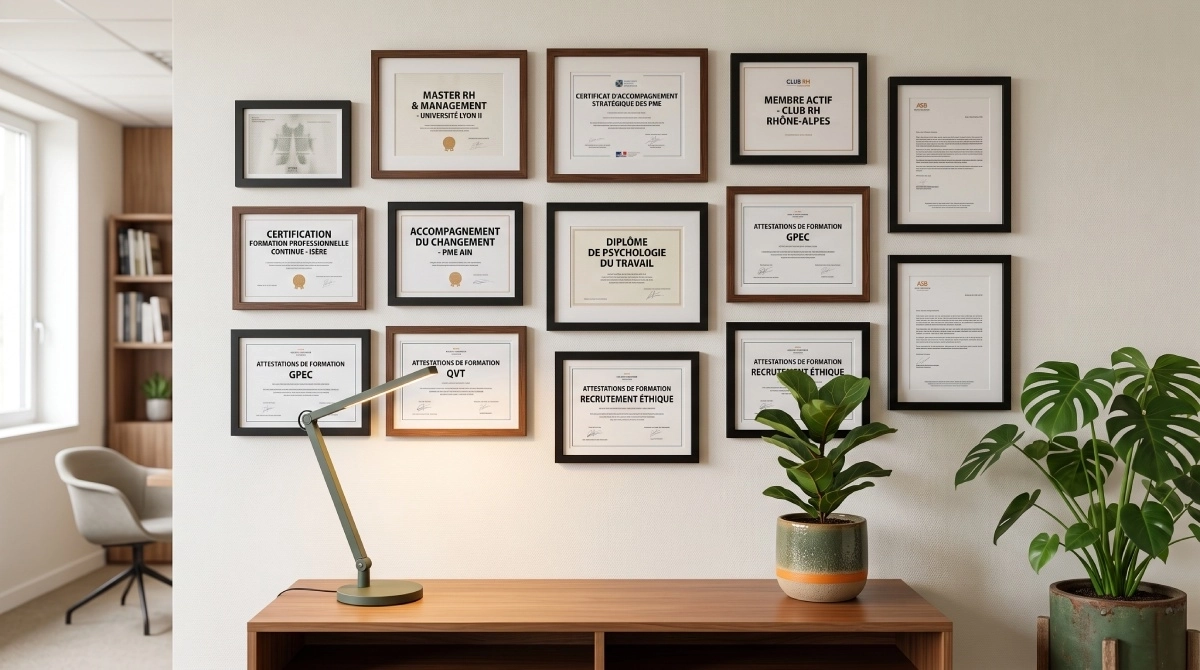 Réalisations et certifications d’un DRH de métier exposées avec sobriété